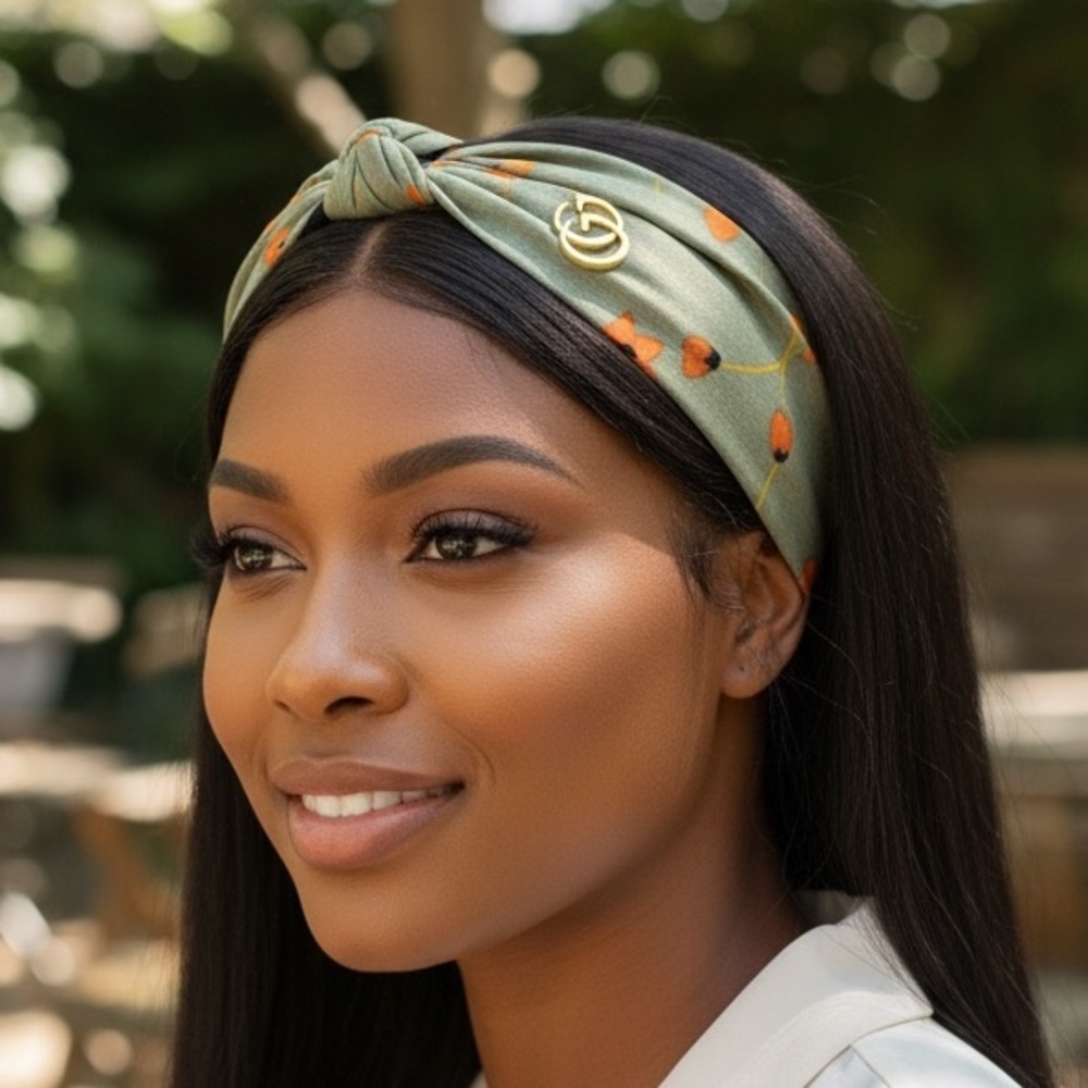 Luxury green floral gold tone wide, knotted satin fabric headband New